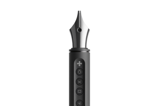Close-up of a sleek, modern digital pen with a metallic nib and control buttons. background removed