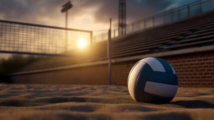 Close up of volleyball on sandy turf before brick wall with sunset behind net in outdoor beach arena