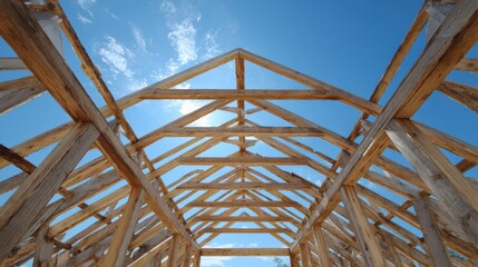Premium photo of building a wooden pine roof frame under a clear blue sky.