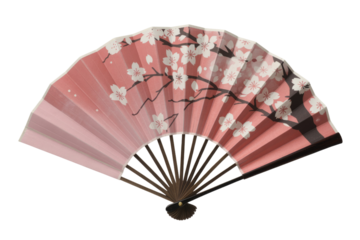 A pink hand fan with a cherry blossom design, isolated on a transparent background. background removed