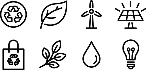 Minimal eco icon set, recycle symbol, leaf design, wind turbine, solar panel, reusable bag, water drop, light bulb