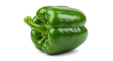 A single, glossy green bell pepper with a prominent stem, isolated on a white background.