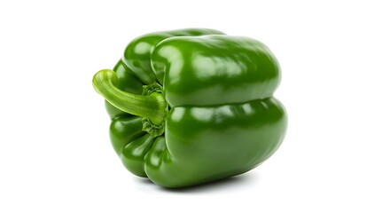 A single, glossy, vibrant green bell pepper isolated on a clean white background.