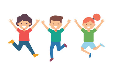 Three cheerful cartoon children jumping in the air with happy expressions