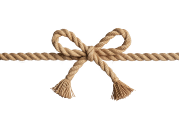 A beige rope tied in a bow, isolated on a transparent background, with frayed edges. background removed