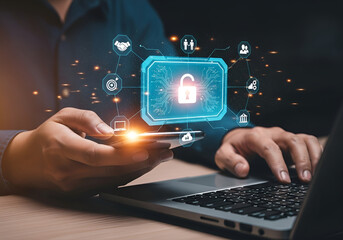 Cybersecurity concept with a glowing padlock icon and network connections, representing data protection and digital security
