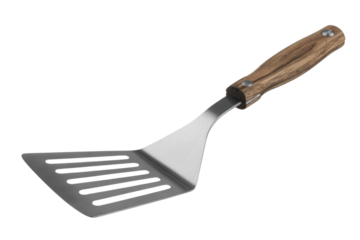 A stainless steel spatula with a wooden handle, perfect for flipping pancakes or burgers. background removed