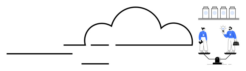 Cloud outline linking two figures exchanging ideas with a scale, showcasing balance and inspiration. Ideal for collaboration, innovation, balance, cloud computing, teamwork, technology, idea sharing