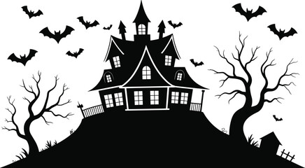 Haunted house on hill with bats, twisted trees, and grave – Halloween night silhouette scene for spooky design and decor