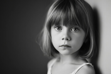 girl with trembling smile through tears stands against clean monochromatic background