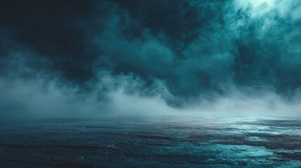 Fototapeta premium mystical blue fog blankets dark atmosphere ethereal mist swirls across textured ground mysterious vapor creates moody dreamlike scene with captivating light serene tranquil ambience
