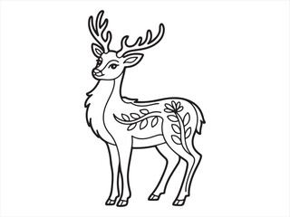 Deer coloring page illustration with antlers and floral decorative patterns
