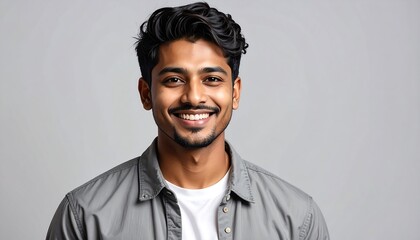 A cheerful young man with a warm smile and tousled dark hair, captured against a neutral backdrop, exudes positivity and confidence.