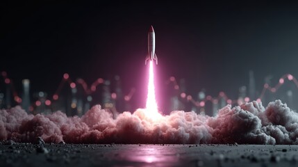 Vivid Purple Illuminated Rocket Launch Over Dark Backdrop, Ideal for HighEnergy Campaigns and Futuristic Projects Boosting Inspiration and Excitement.