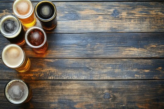 Top view of six frothy craft beer glasses in assorted shades on rustic wooden table with copy space, ideal for brewery branding, pub advertisements, and beer tasting event flyers