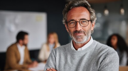 Obraz premium smiling confident mature businessman leader looking at camera standing in office at team meeting male corporate leader ceo executive manager wearing glasses posing for business portrait arms folded n