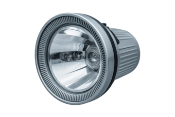 A powerful LED spotlight with a silver metallic body, isolated on a transparent background. background removed