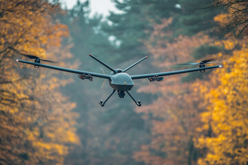 A sleek drone navigates through vibrant autumn trees, capturing the essence of the season while showcasing modern technology. The calm morning atmosphere enhances its flight