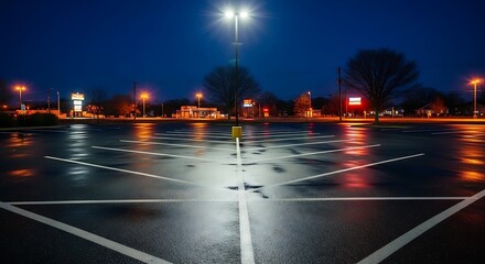 Empty parking lot at night under street lights.