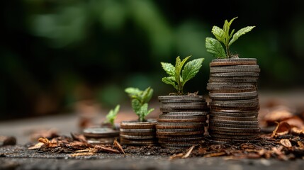 Stacked Coins with Emergent Green Seedlings Symbolizing Growth and Prosperity, Ideal for Inspiring Campaigns or Branding Projects.
