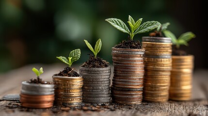 Stacked Coins Transformed into Tiny Green Oases, Symbolizing Growth and Renewal Ideal for Inspirational Campaigns or Sustainable Branding.