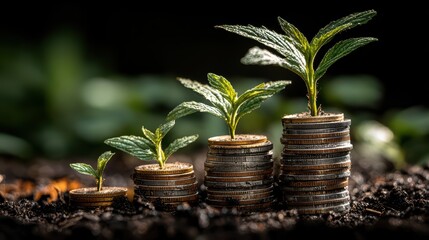Unique Stack of Coins Transforming into Tiny Green Seedlings Inspiring Growth and Renewal for Branding and Creativity.