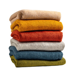 A stack of five different colored blankets