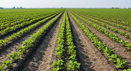 Obraz premium A vast, cultivated field of young soybean plants, neatly arranged in rows.