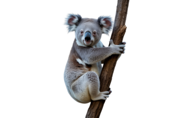 Adorable koala bear clinging to a tree branch, isolated on transparent background. background removed
