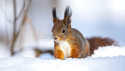 Fototapeta premium A focused close-up of a red squirrel nestled in pristine winter snow, showcasing its rich brown and reddish fur against the pure white backdrop.