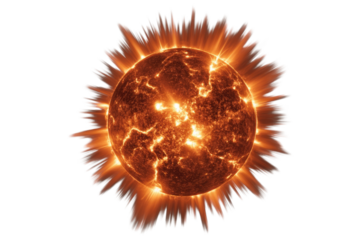 Fiery celestial body with intense energy, radiating heat and light,  surrounded by a bright, spiky corona. background removed