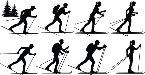 Cross country skiing silhouettes of people with ski poles, backpack, winter sports activity, outdoor fitness, black vector design