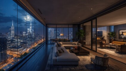 Luxurious apartment interior with stunning city views at night from high rise