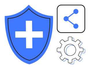 Obraz premium Blue shield with cross symbolizing security, sharing icon for connectivity, and gear for technology. Ideal for cybersecurity, cooperation, healthcare, innovation, IT, digital platforms simple