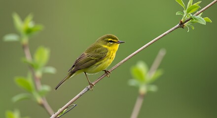 Obraz premium A small yellow warbler perched on a thin branch with green foliage in the background.