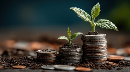 Stunning Pile of Coins with Vibrant Seedlings Growing, Symbolizing Prosperity and Renewal Ideal for Inspirational Marketing Campaigns or Motivational Projects.
