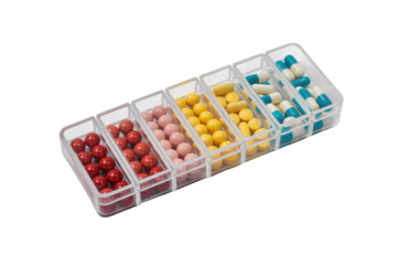 A transparent pill organizer with various colored pills and capsules, neatly arranged in compartments against a transparent background. background removed