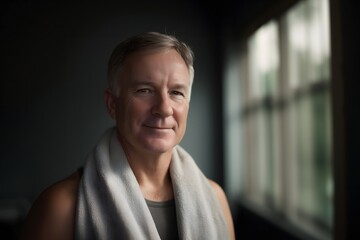 Obraz premium Head and shoulders portrait of smiling senior with towel around neck in soft window light setting