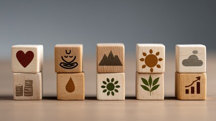 Vibrant WellnessFocused Composition Stunning Stack of Symbolic Wooden Blocks, Ideal for Inspiring Tranquility in Creative Projects.