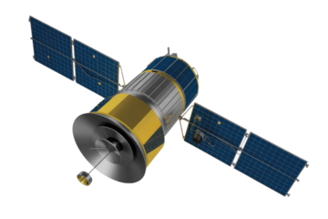 3D rendering of a satellite with solar panels against a transparent background. background removed