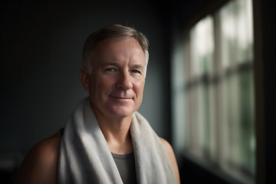 Head and shoulders portrait of smiling senior with towel around neck in soft window light setting