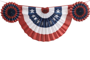 Patriotic paper bunting with red, white, and blue colors and stars, perfect for Independence Day celebrations. background removed