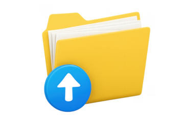 Upload symbol pointing at folder with documents on transparent background