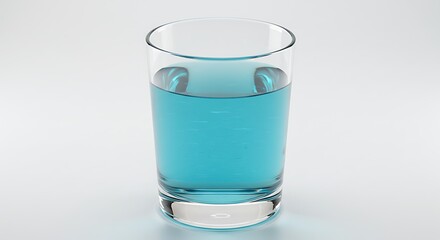 A tall glass filled with clear blue liquid on a white background