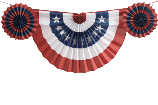 Patriotic paper bunting with red, white, and blue colors and stars, perfect for Independence Day celebrations. background removed