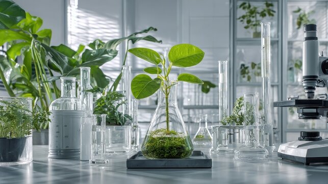 green plants and scientific equipment in biology laborotary no logos no brands ar 169 - Powered by Adobe