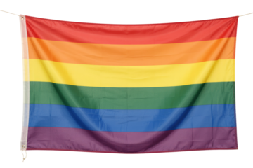 A vibrant rainbow LGBTQ+ pride flag hangs against a transparent background, symbolizing diversity and acceptance. background removed
