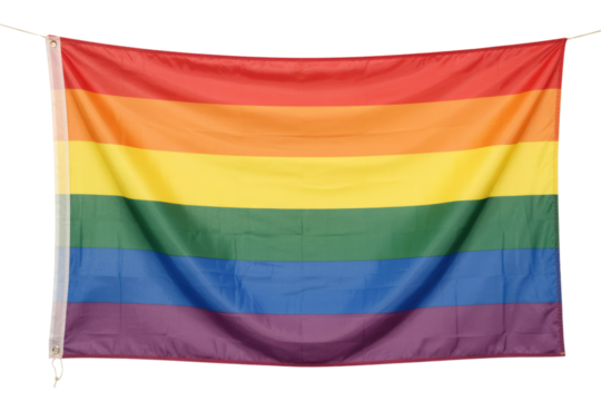 A vibrant rainbow LGBTQ+ pride flag hangs against a transparent background, symbolizing diversity and acceptance. background removed