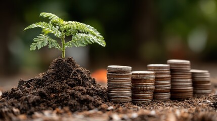 Striking Composition of a Young Plant Sprouting from a Pile of Coins, Representing Financial Growth and Natural Regeneration Perfect for Business Motivation and Inspiring Projects.