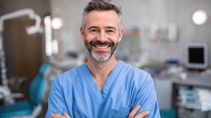 healthcare profession stomatology and medicine concept  smiling male middle aged dentist over medical office background no logos no brands ar 169